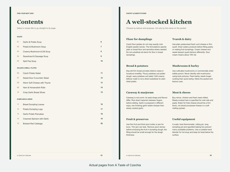 Actual contents and kitchen-notes pages from A Taste of Czechia.