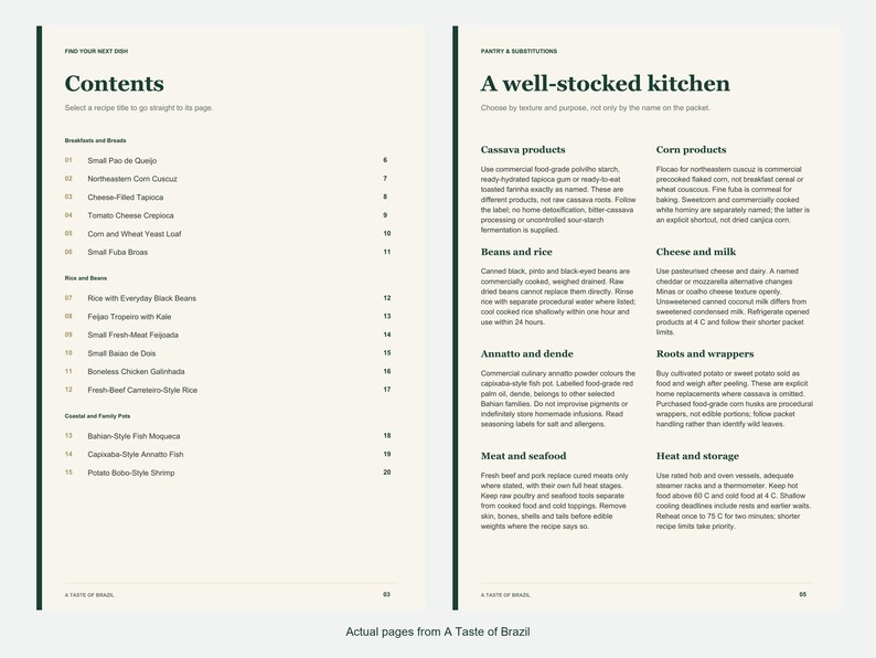 Actual contents and kitchen-notes pages from A Taste of Brazil.