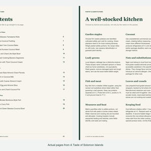 Actual contents and kitchen-notes pages from A Taste of Solomon Islands.