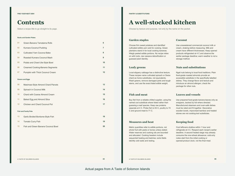 Actual contents and kitchen-notes pages from A Taste of Solomon Islands.