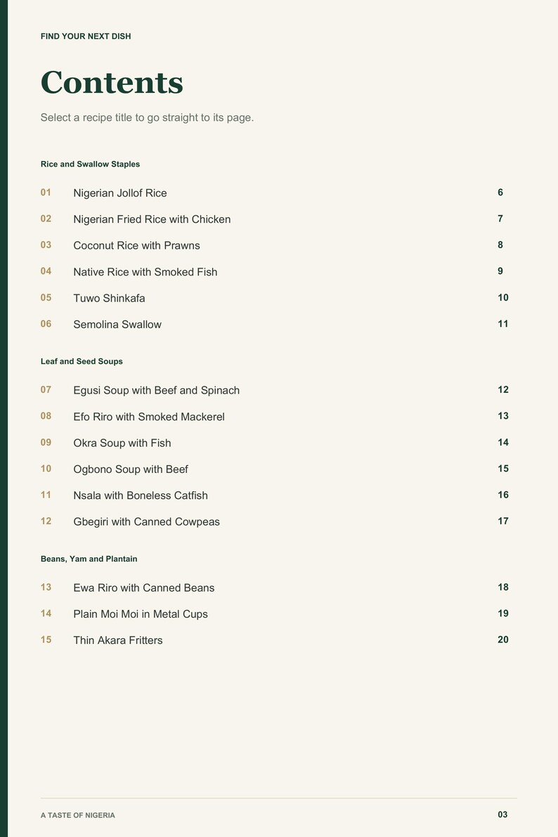 Actual PDF page 3 from A Taste of Nigeria: Contents, page 1.