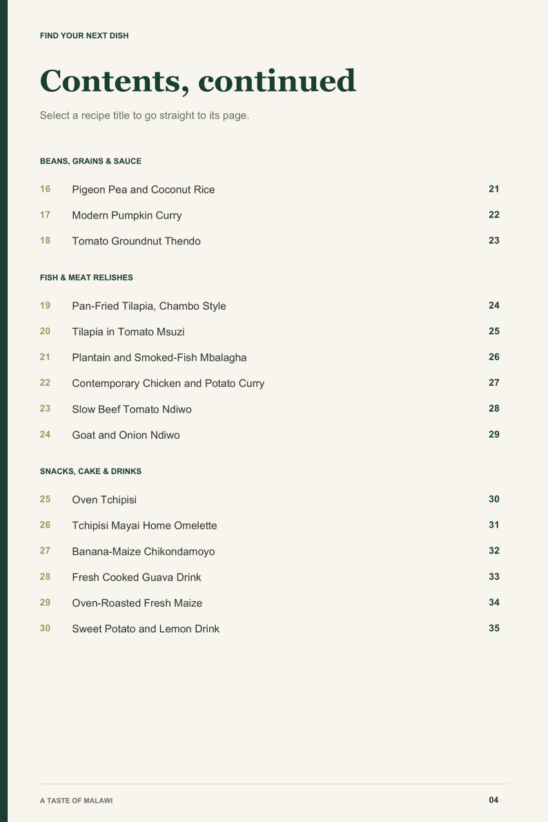 Actual PDF page 4 from A Taste of Malawi: Contents, page 2.