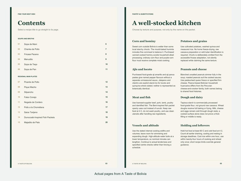 Actual contents and kitchen-notes pages from A Taste of Bolivia.