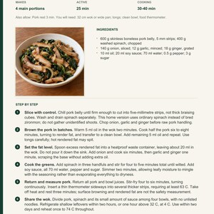 Actual PDF page 13 from A Taste of Seychelles: Pork Belly and Spinach Stir-Fry recipe page.