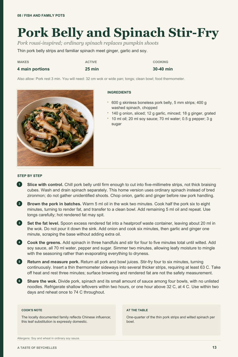 Actual PDF page 13 from A Taste of Seychelles: Pork Belly and Spinach Stir-Fry recipe page.