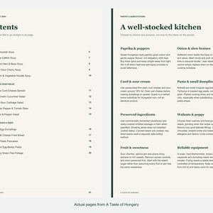 Actual contents and kitchen-notes pages from A Taste of Hungary.