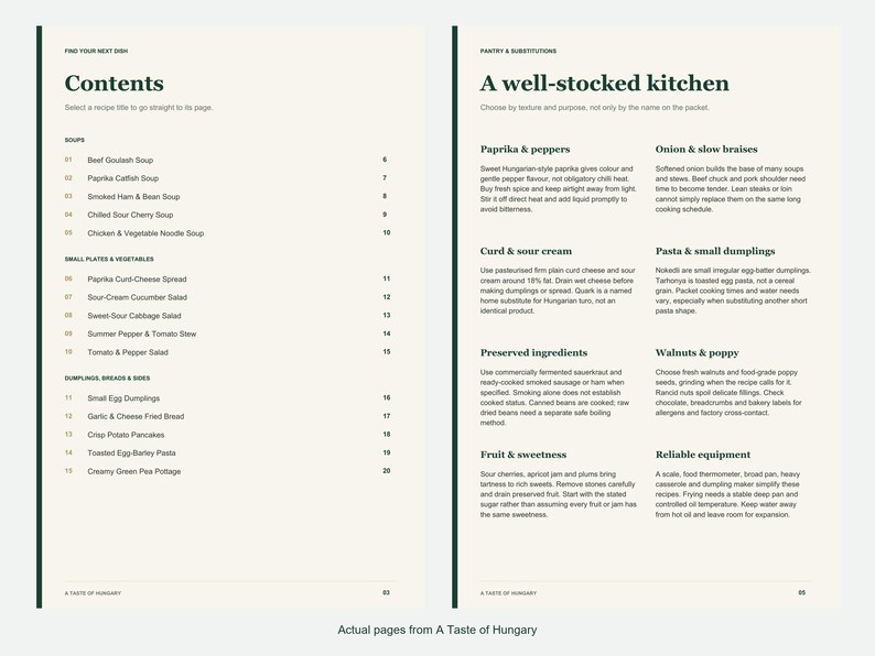 Actual contents and kitchen-notes pages from A Taste of Hungary.