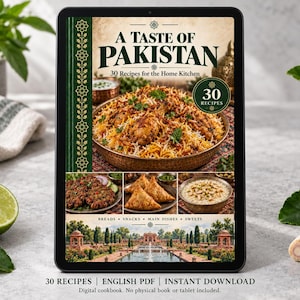 Digital cookbook mockup displaying the actual A Taste of Pakistan cover. English PDF download only; no tablet or physical book included.