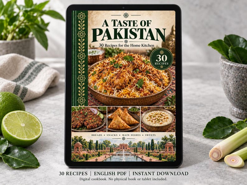 Digital cookbook mockup displaying the actual A Taste of Pakistan cover. English PDF download only; no tablet or physical book included.