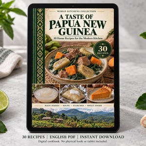 Digital cookbook mockup displaying the actual A Taste of Papua New Guinea cover. English PDF download only; no tablet or physical book included.