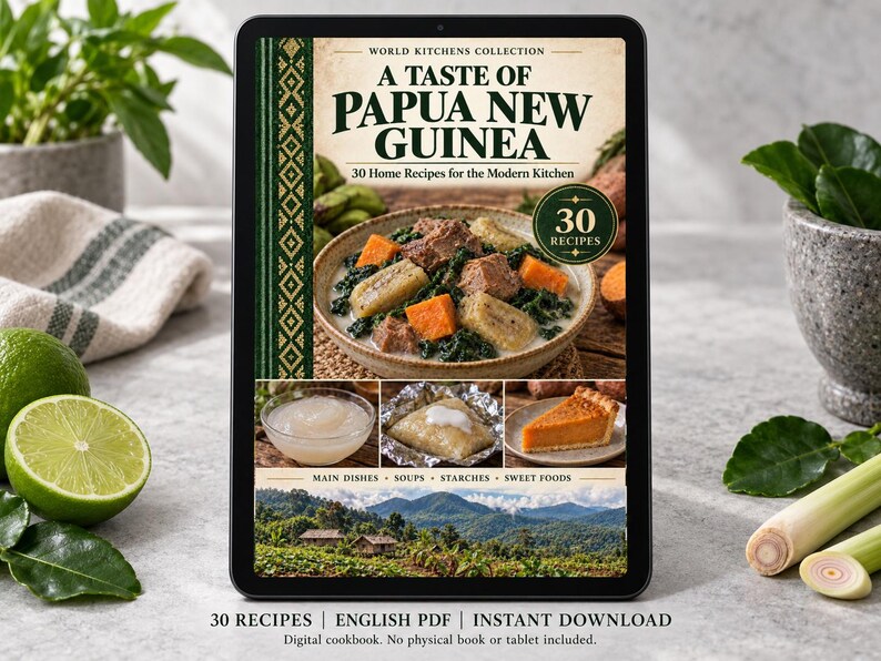 Digital cookbook mockup displaying the actual A Taste of Papua New Guinea cover. English PDF download only; no tablet or physical book included.