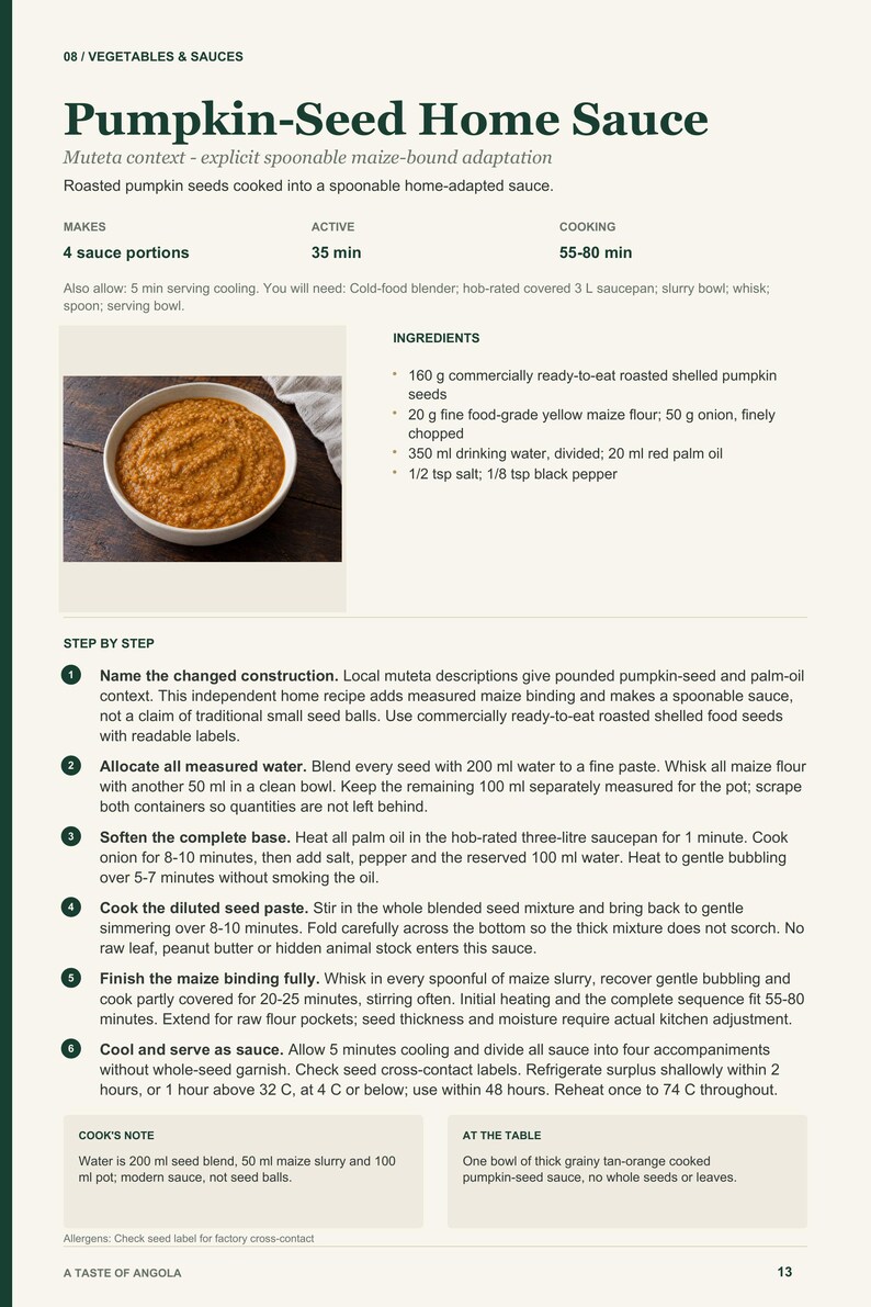 Actual PDF page 13 from A Taste of Angola: Pumpkin-Seed Home Sauce recipe page.