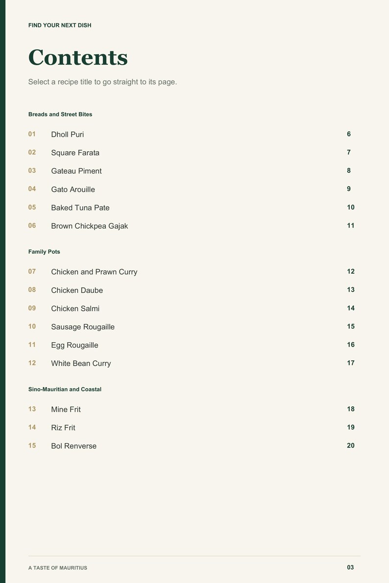 Actual PDF page 3 from A Taste of Mauritius: Contents, page 1.