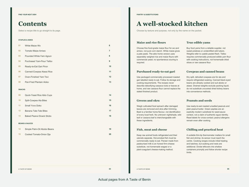 Actual contents and kitchen-notes pages from A Taste of Benin.