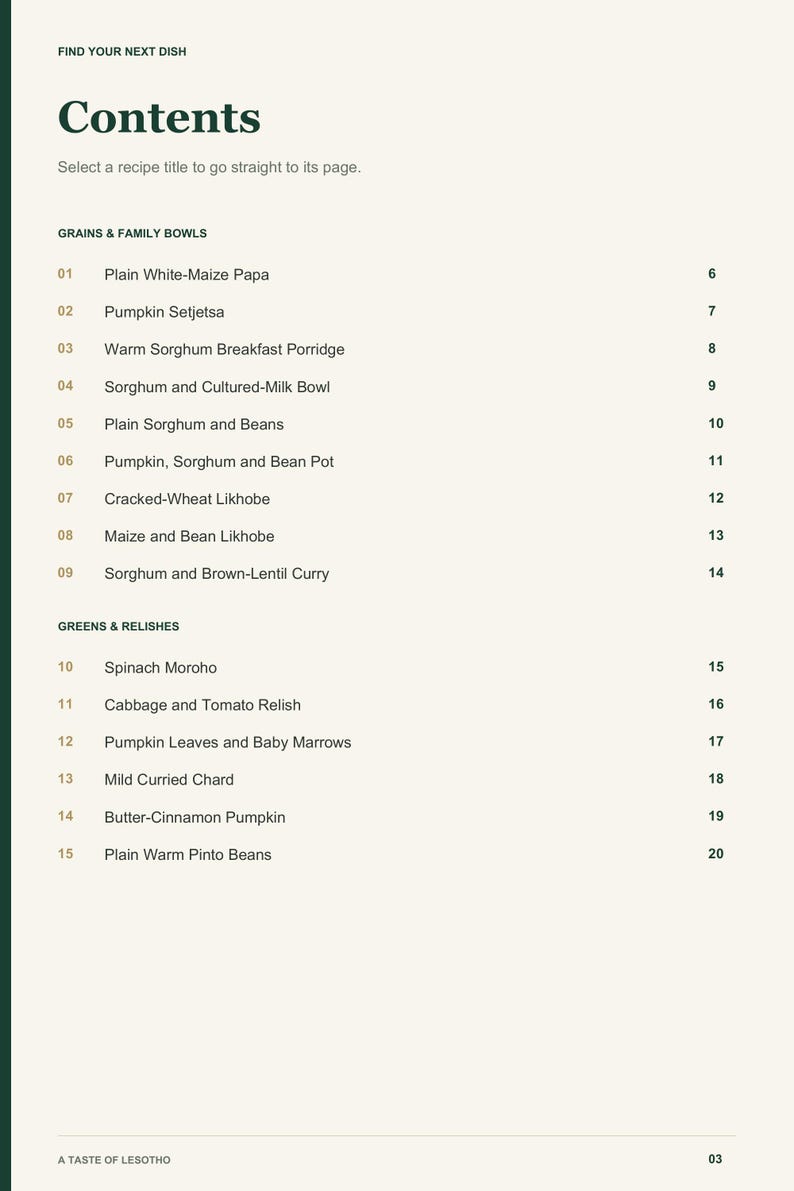 Actual PDF page 3 from A Taste of Lesotho: Contents, page 1.