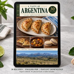 Digital cookbook mockup displaying the actual A Taste of Argentina cover. English PDF download only; no tablet or physical book included.