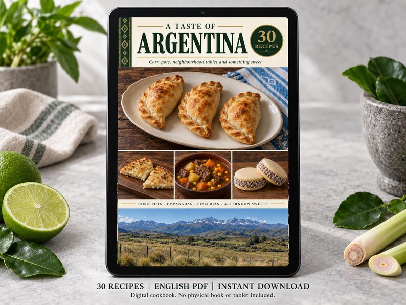 Digital cookbook mockup displaying the actual A Taste of Argentina cover. English PDF download only; no tablet or physical book included.