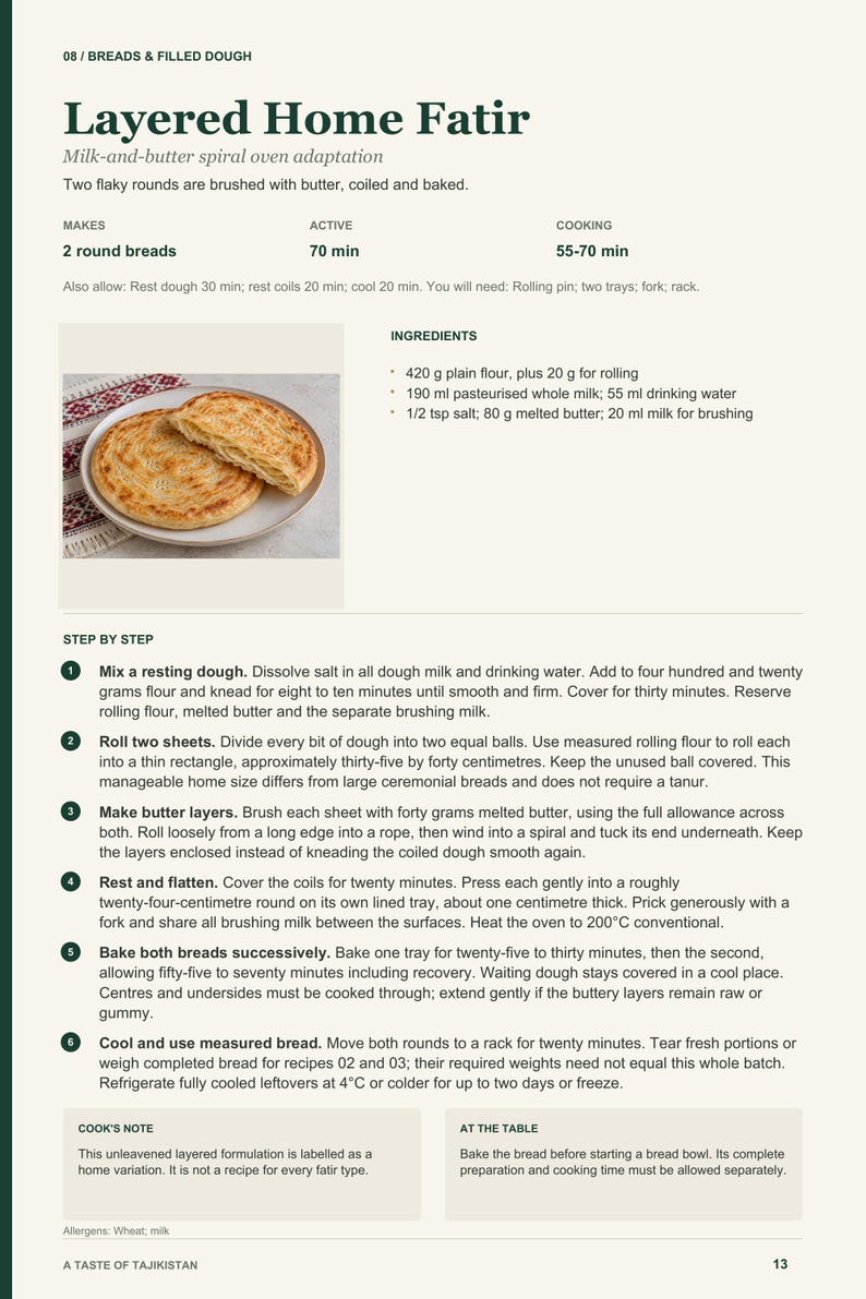 Actual PDF page 13 from A Taste of Tajikistan: Layered Home Fatir recipe page.