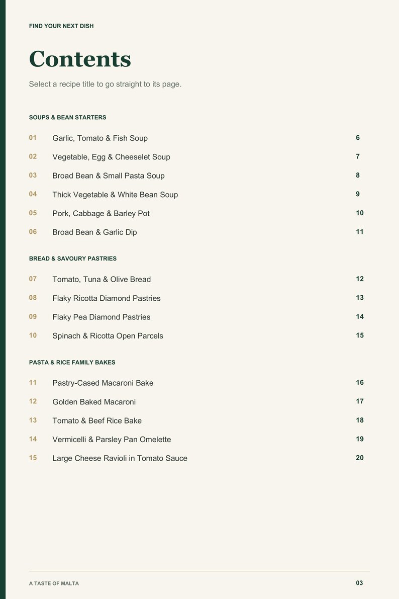 Actual PDF page 3 from A Taste of Malta: Contents, page 1.