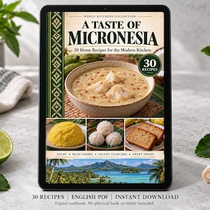 Digital cookbook mockup displaying the actual A Taste of Micronesia cover. English PDF download only; no tablet or physical book included.