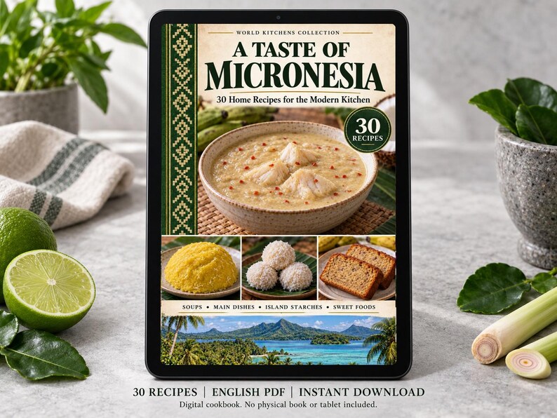 Digital cookbook mockup displaying the actual A Taste of Micronesia cover. English PDF download only; no tablet or physical book included.