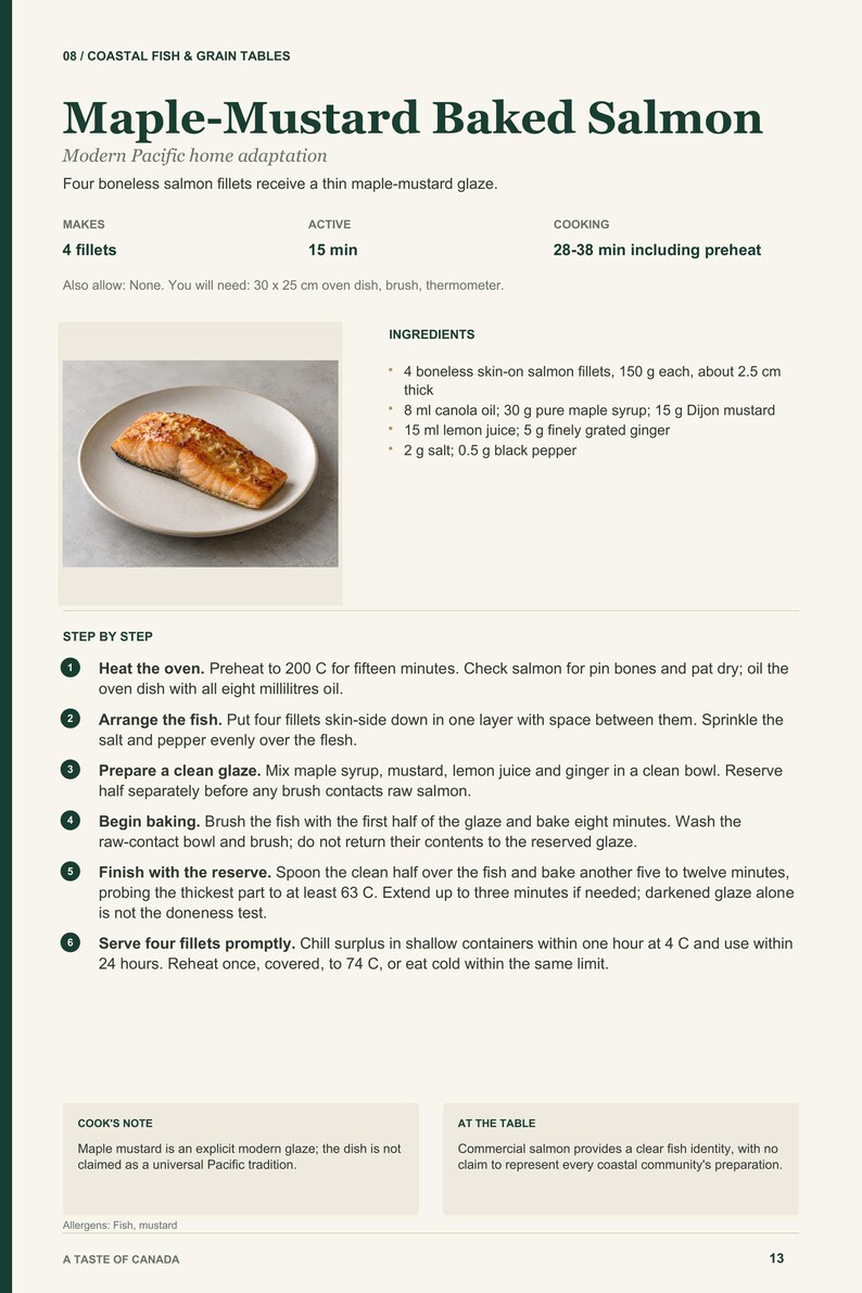 Actual PDF page 13 from A Taste of Canada: Maple-Mustard Baked Salmon recipe page.