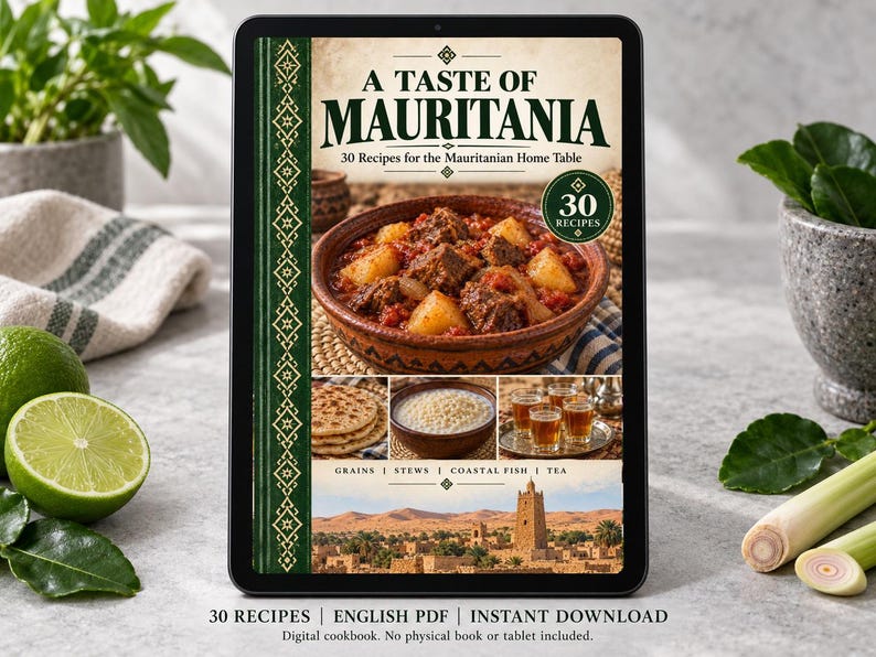 Digital cookbook mockup displaying the actual A Taste of Mauritania cover. English PDF download only; no tablet or physical book included.