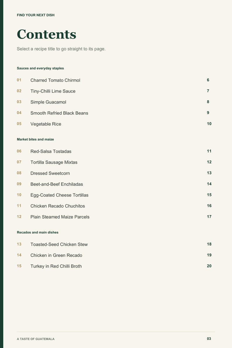 Actual PDF page 3 from A Taste of Guatemala: Contents, page 1.
