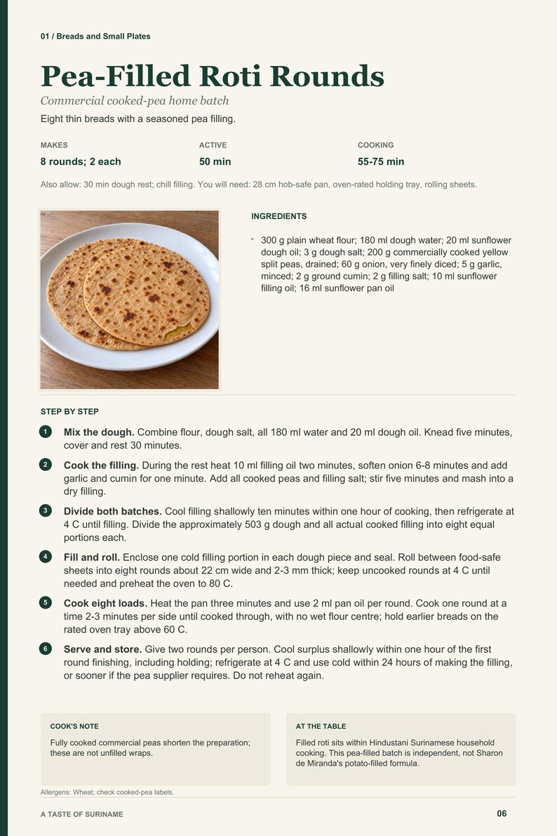 Actual PDF page 6 from A Taste of Suriname: Pea-Filled Roti Rounds recipe page.