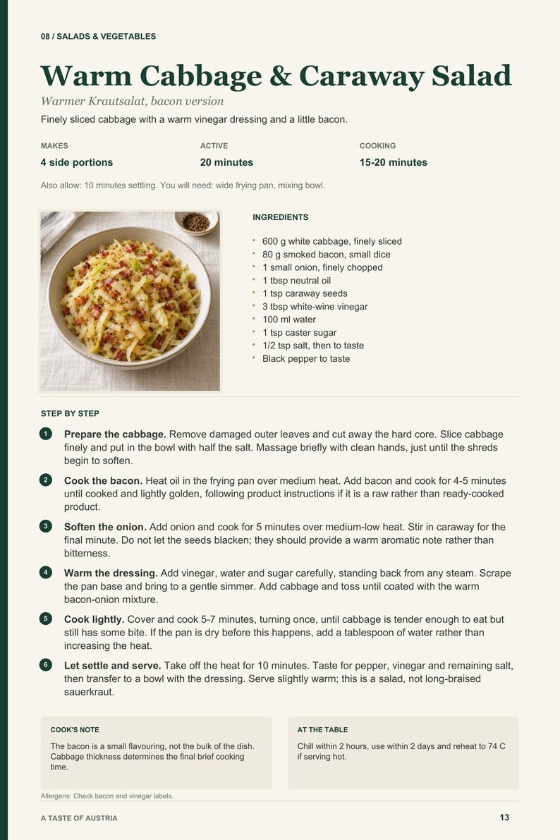 Actual PDF page 13 from A Taste of Austria: Warm Cabbage & Caraway Salad recipe page.
