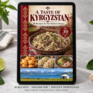Digital cookbook mockup displaying the actual A Taste of Kyrgyzstan cover. English PDF download only; no tablet or physical book included.