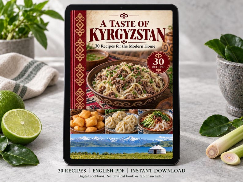 Digital cookbook mockup displaying the actual A Taste of Kyrgyzstan cover. English PDF download only; no tablet or physical book included.