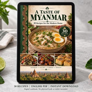 Digital cookbook mockup displaying the actual A Taste of Myanmar cover. English PDF download only; no tablet or physical book included.