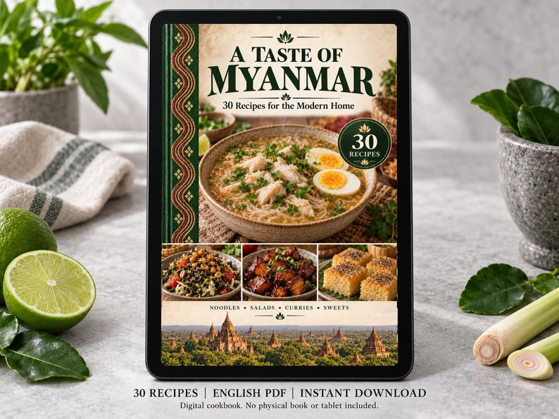 Digital cookbook mockup displaying the actual A Taste of Myanmar cover. English PDF download only; no tablet or physical book included.