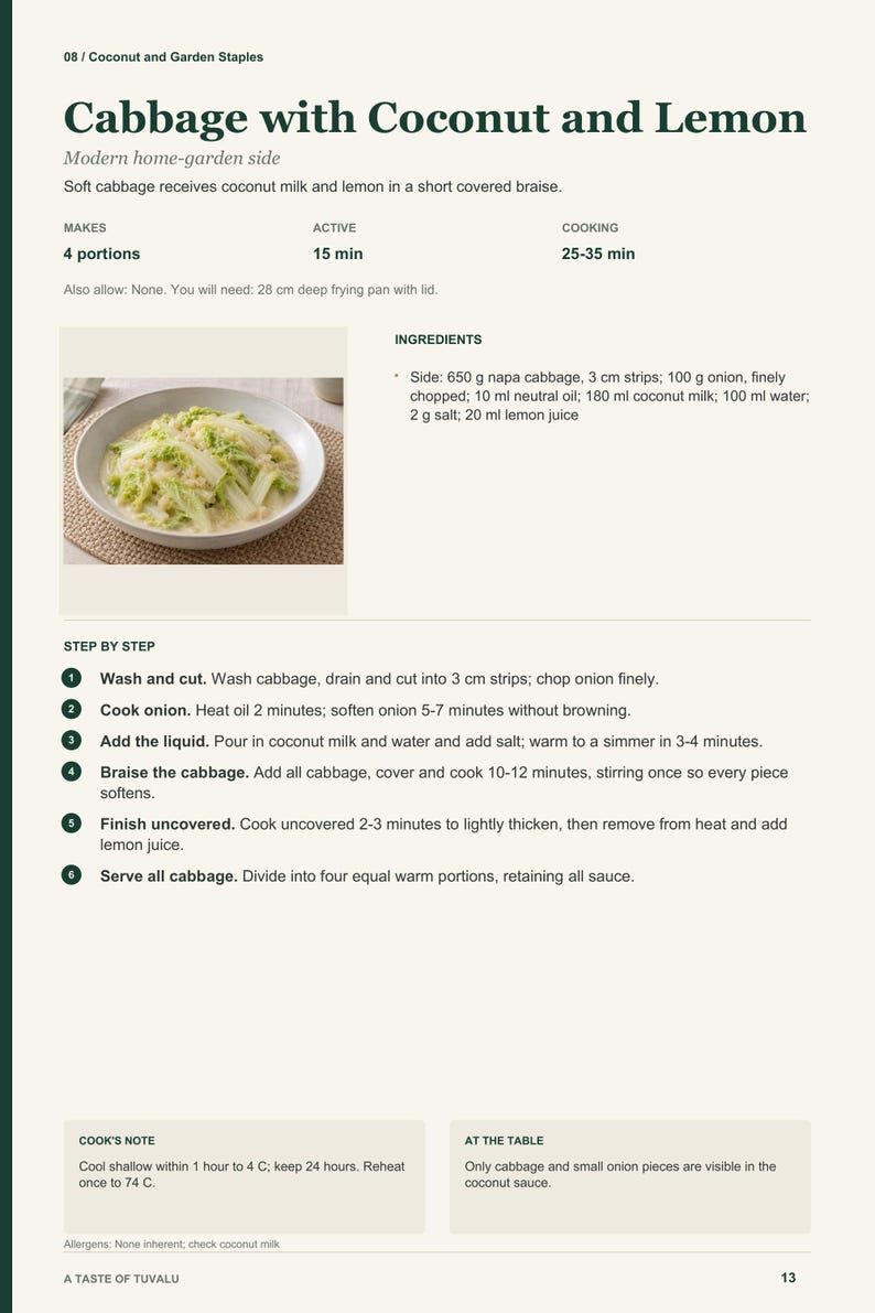 Actual PDF page 13 from A Taste of Tuvalu: Cabbage with Coconut and Lemon recipe page.