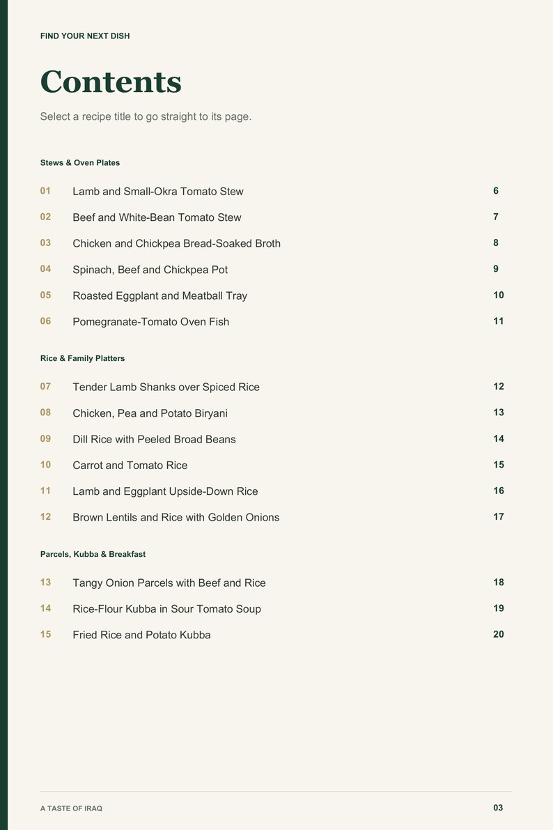 Actual PDF page 3 from A Taste of Iraq: Contents, page 1.