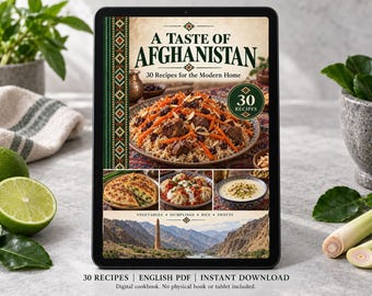 May include: A digital cookbook titled A Taste of Afghanistan featuring 30 recipes for the modern home. The cover displays a large plate of rice with meat and carrots, smaller images of flatbread, dumplings, and soup, and a landscape of mountains.