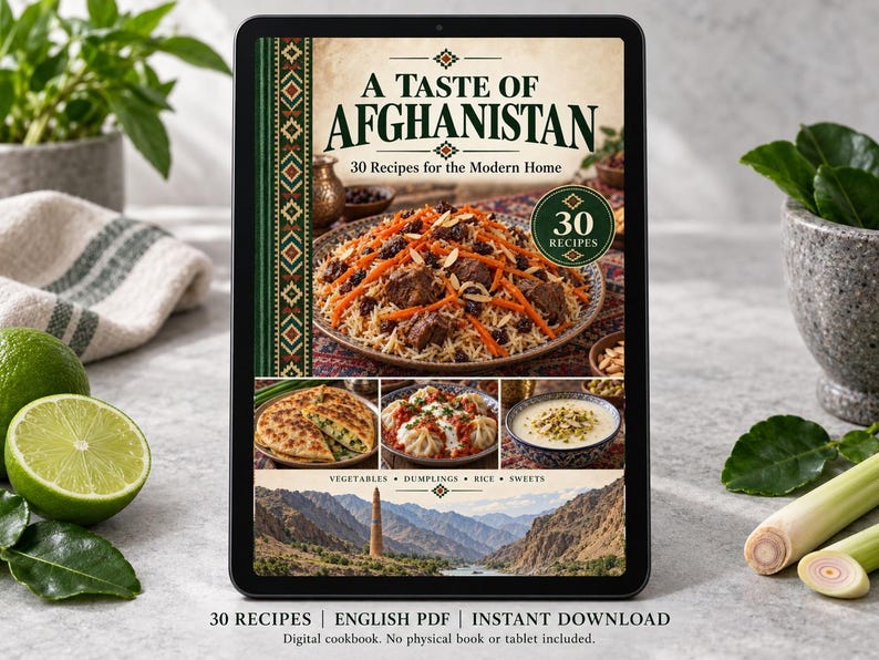 Digital cookbook mockup displaying the actual A Taste of Afghanistan cover. English PDF download only; no tablet or physical book included.