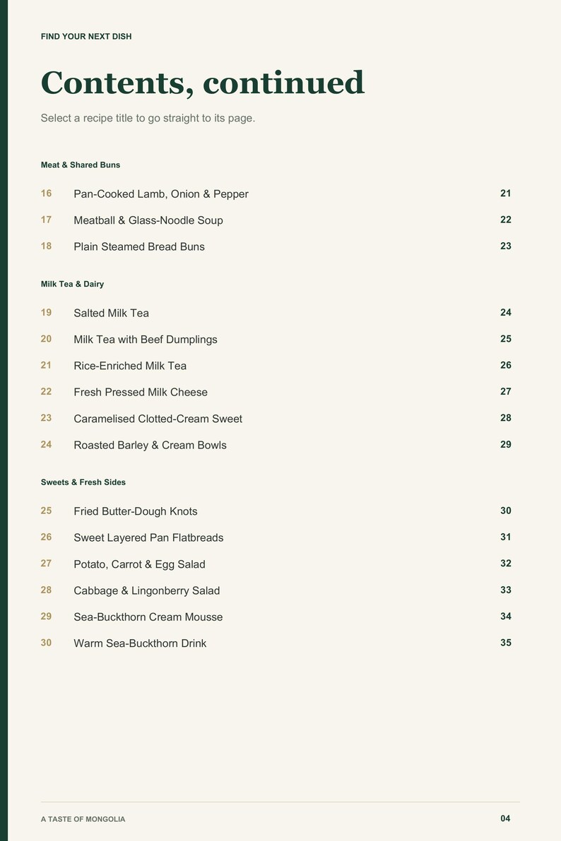 Actual PDF page 4 from A Taste of Mongolia: Contents, page 2.