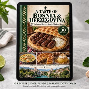 Digital cookbook mockup displaying the actual A Taste of Bosnia and Herzegovina cover. English PDF download only; no tablet or physical book included.