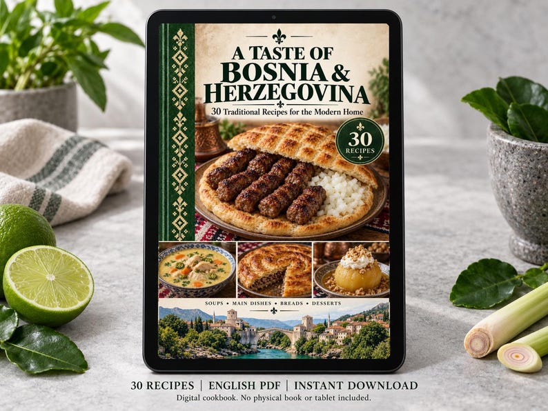 Digital cookbook mockup displaying the actual A Taste of Bosnia and Herzegovina cover. English PDF download only; no tablet or physical book included.
