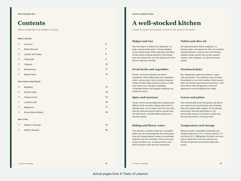 Actual contents and kitchen-notes pages from A Taste of Lebanon.