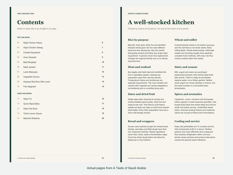 Actual contents and kitchen-notes pages from A Taste of Saudi Arabia.