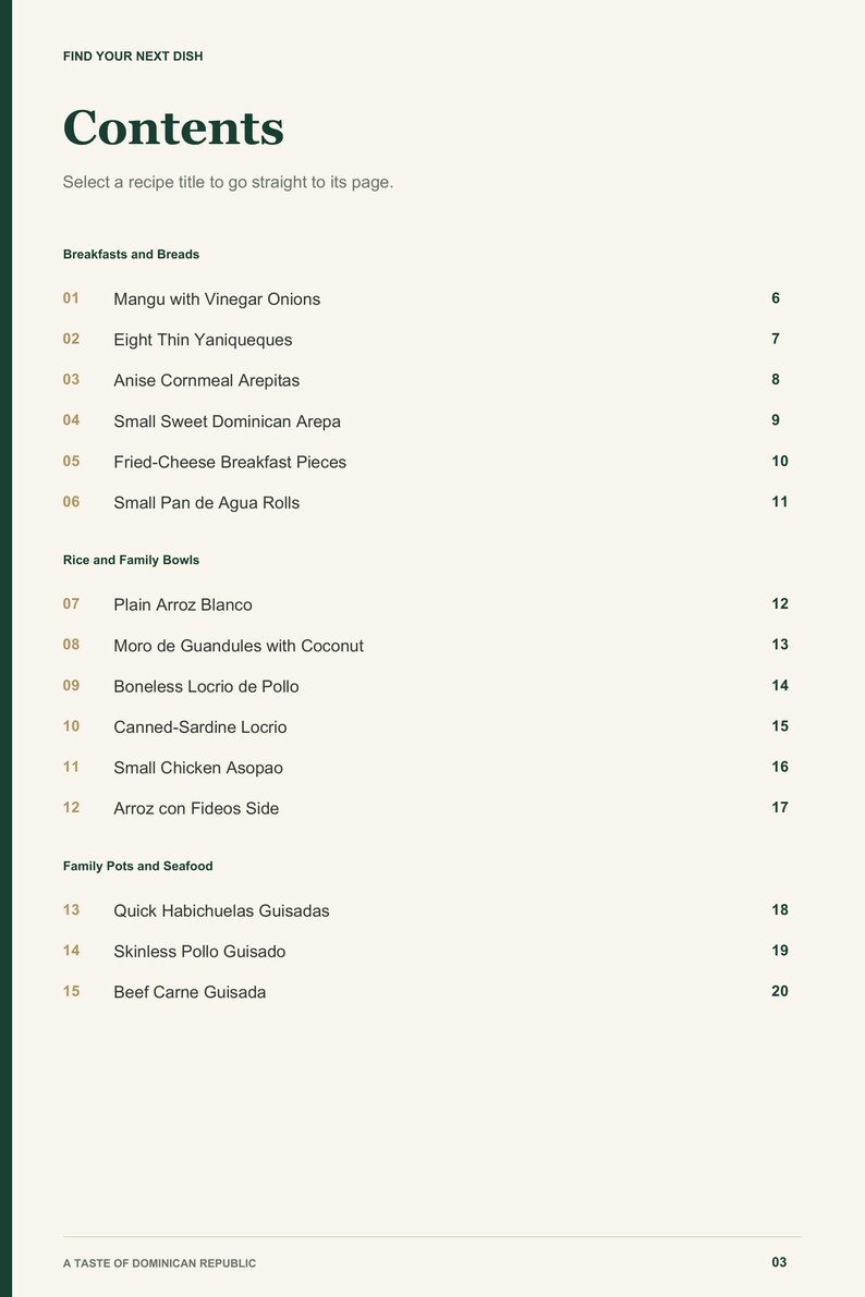 Actual PDF page 3 from A Taste of Dominican Republic: Contents, page 1.