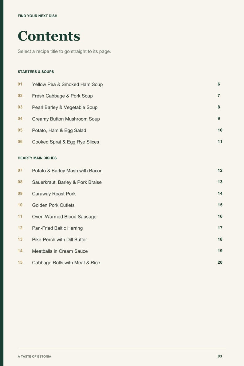 Actual PDF page 3 from A Taste of Estonia: Contents, page 1.