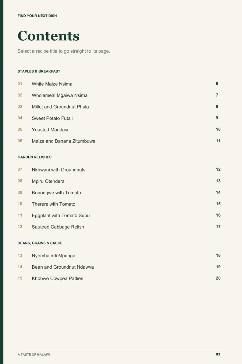 Actual PDF page 3 from A Taste of Malawi: Contents, page 1.