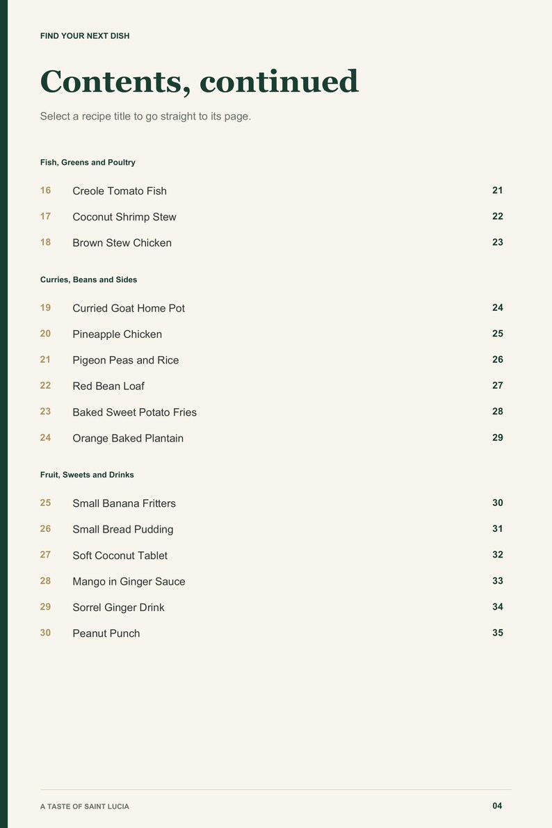 Actual PDF page 4 from A Taste of Saint Lucia: Contents, page 2.
