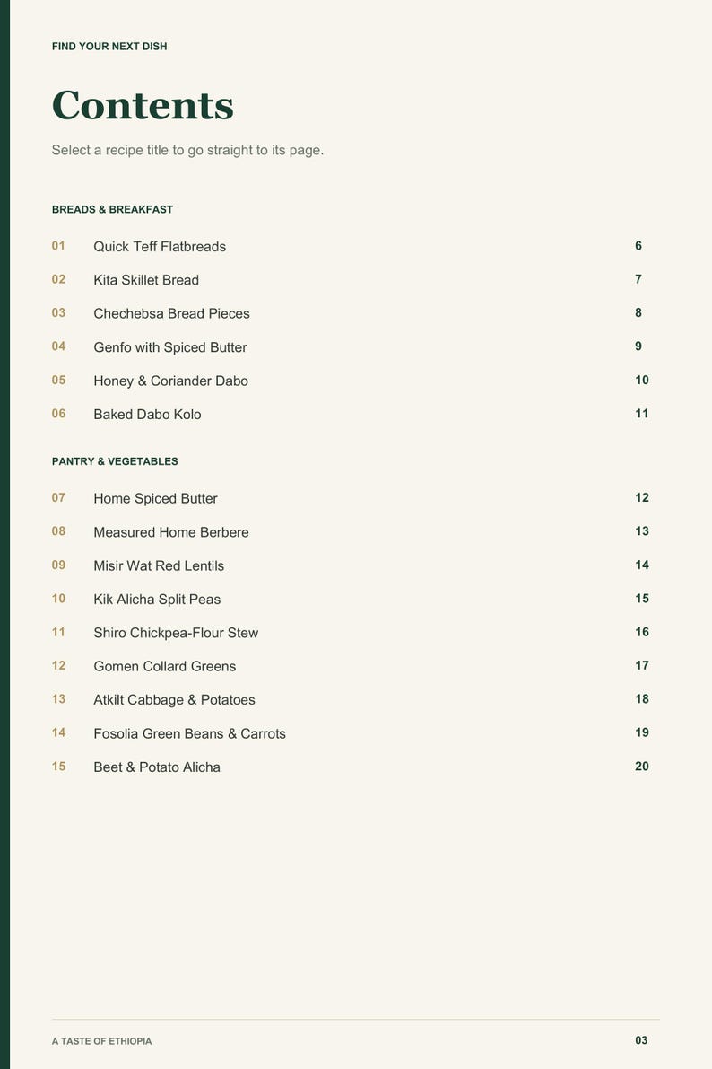 Actual PDF page 3 from A Taste of Ethiopia: Contents, page 1.