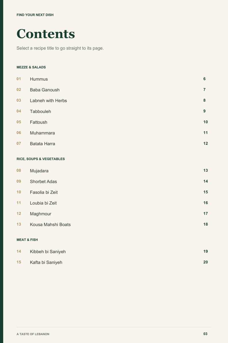Actual PDF page 3 from A Taste of Lebanon: Contents, page 1.