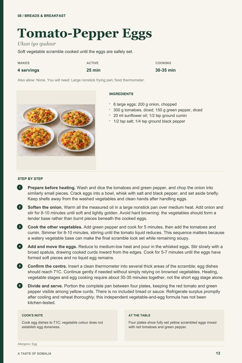 Actual PDF page 13 from A Taste of Somalia: Tomato-Pepper Eggs recipe page.